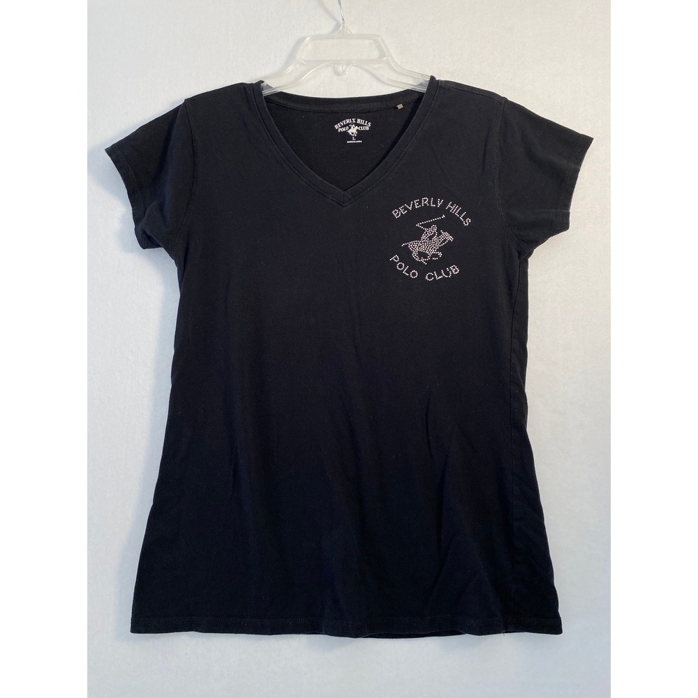 VTG Beverly Hills Polo Club Womens Black V-Neck Rhinestone Logo T-Shirt Size L